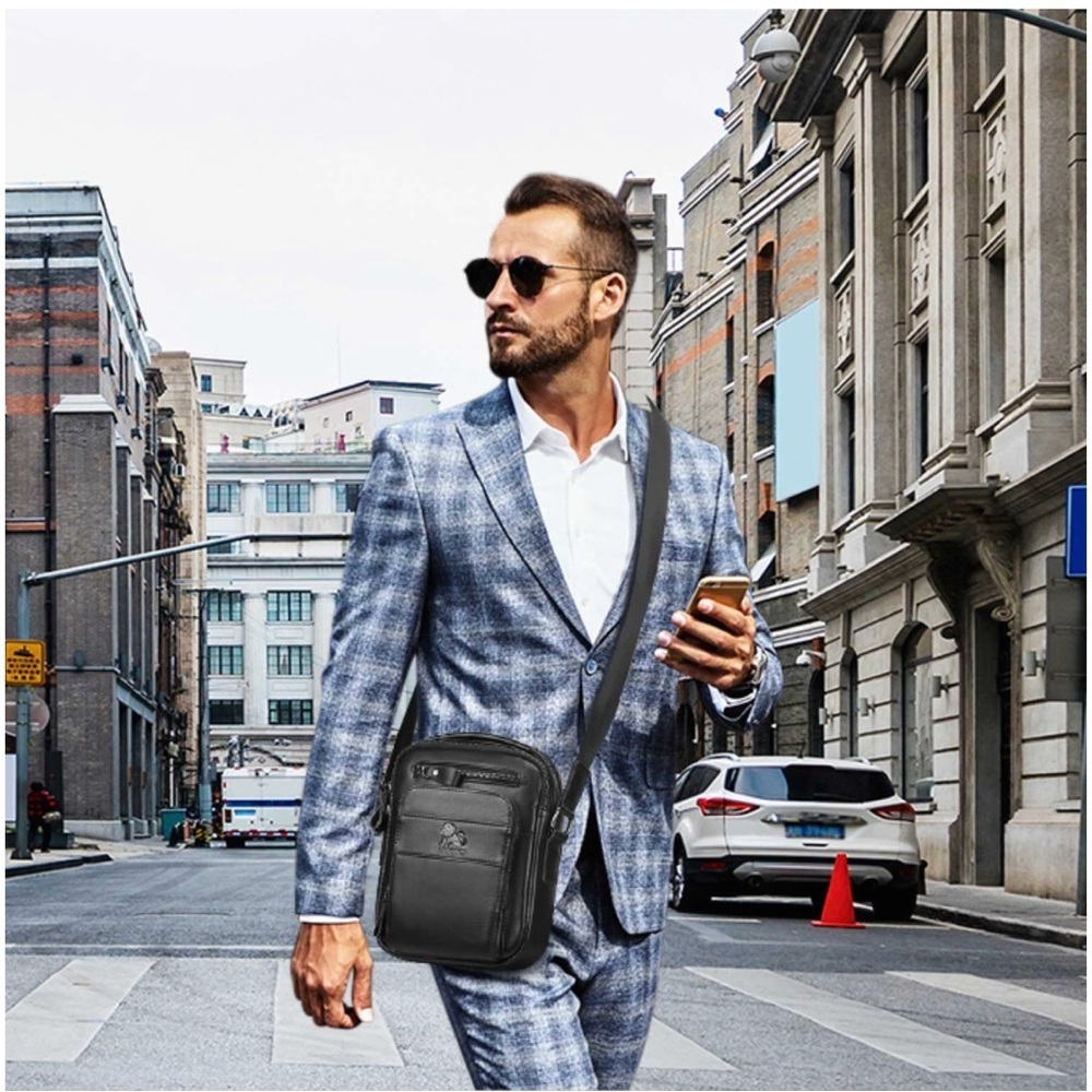 Laoshizi Black Leather Messenger Bag with Adjustable Strap